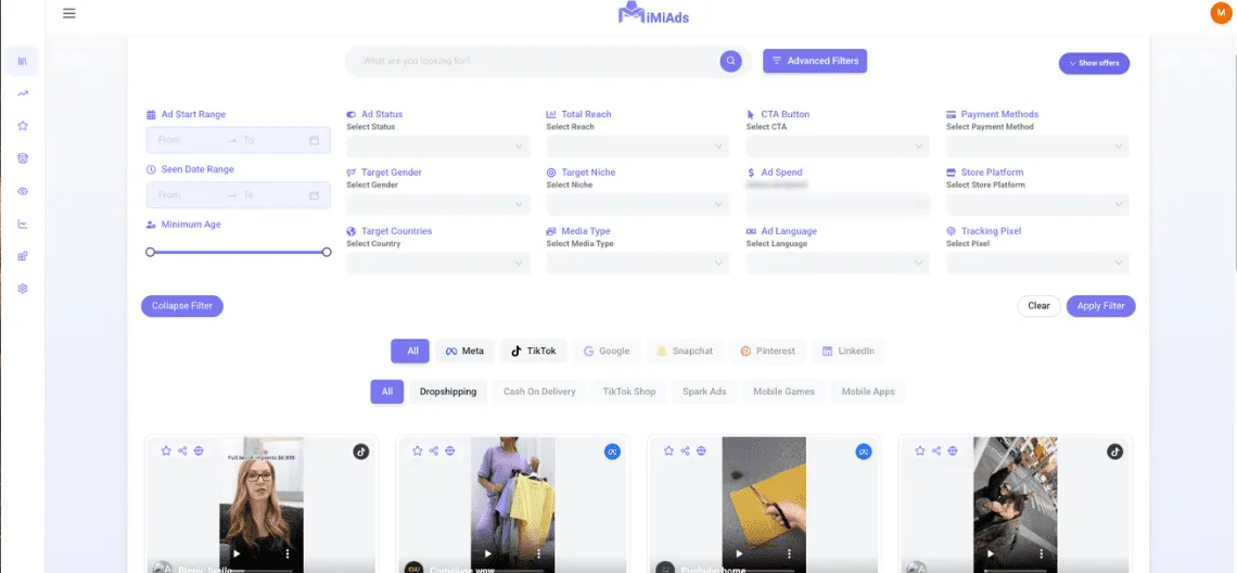MiMiAds Advertising Intelligence Dashboard showing competitor insights